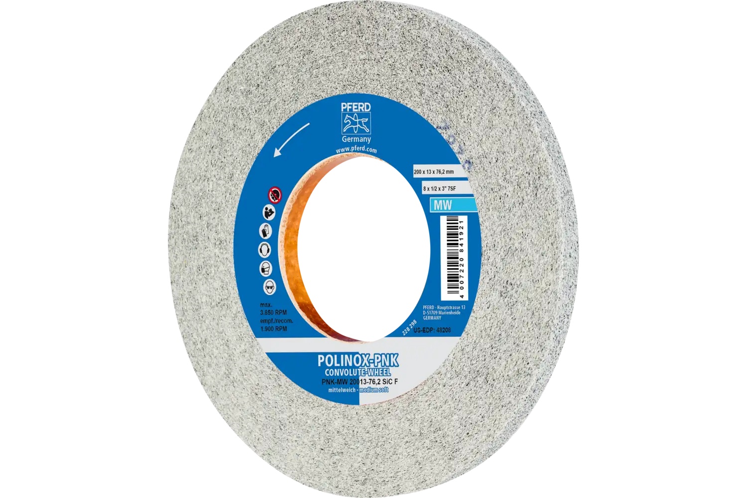 Picture of Pferd Polinox® Convolute Wheel, 8" X 1/2 X 3, Fine, Medium-Soft, 7Sf, Silicon Carbide